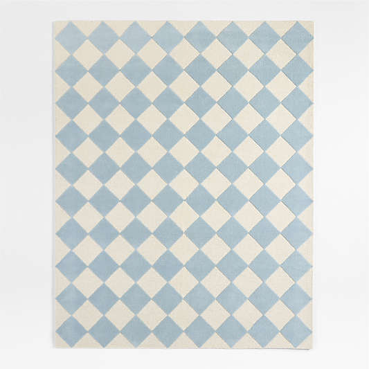 Checkerboard Blue Wool Kids Area Rug 6x9