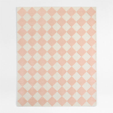 View Checkerboard Pink Wool Kids Area Rug 8'x10' details