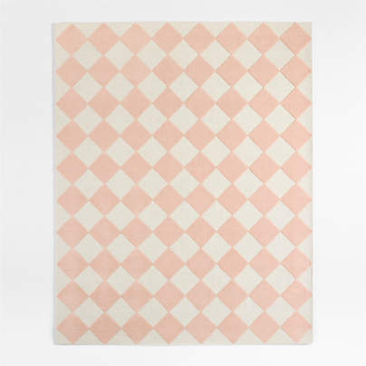 Checkerboard Pink Wool Kids Area Rug 5x8