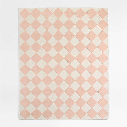 Checkerboard Pink Wool Kids Area Rug 6'x9'