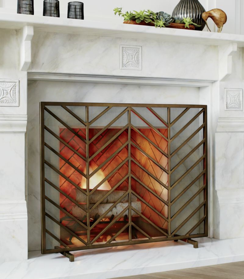 Chevron Antique Brass Fireplace Screen - image 1 of 14