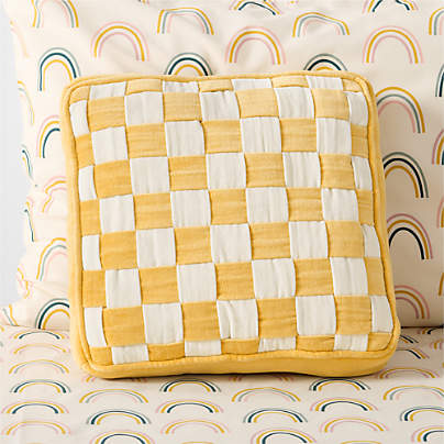 Checkerboard Custard Yellow and Arctic Ivory Velvet Kids Throw Pillow