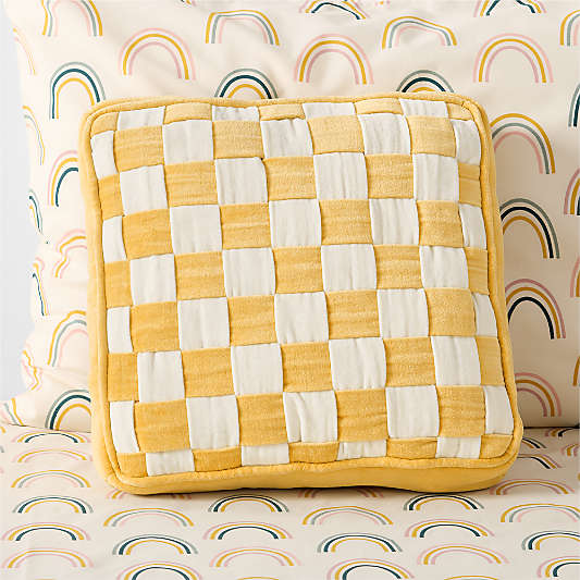 Checkerboard Custard Yellow and Arctic Ivory Velvet Kids Throw Pillow