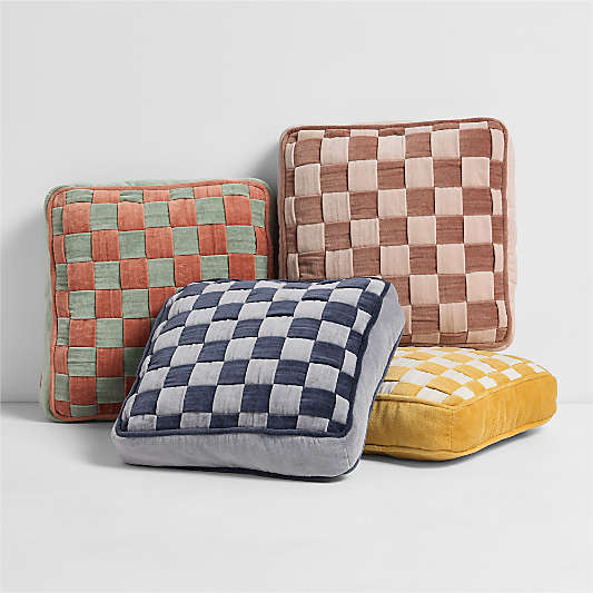 Checkerboard Verte Green and Copper Brown Velvet Kids Throw Pillow