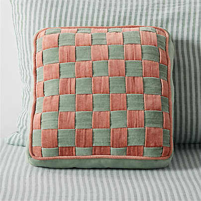 Checkerboard Verte Green and Copper Brown Velvet Kids Throw Pillow