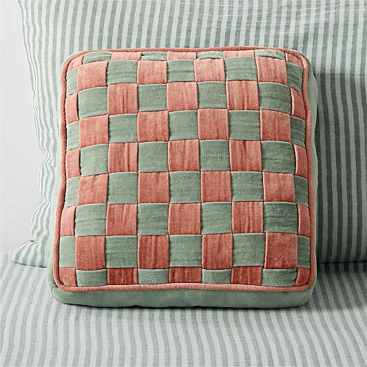 Checkerboard Verte Green and Copper Brown Velvet Kids Throw Pillow