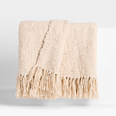 View Chunky Cotton Natural Bed Blanket with Fringe 80"x80" details