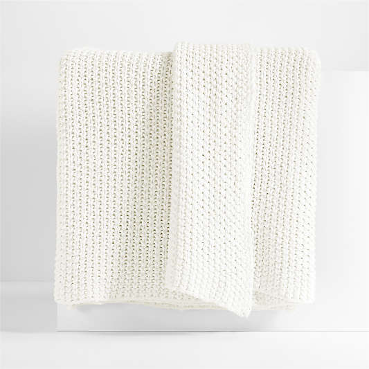 Organic Cotton 80"x80" Bright White Chunky Hand-Knit Bed Throw Blanket