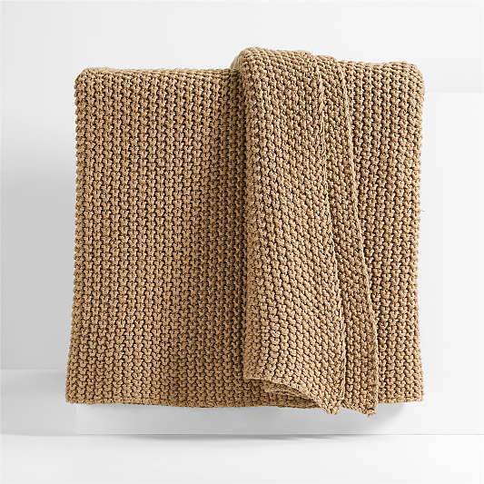 Organic Cotton 80"x80" Camel Brown Chunky Knit Bed Throw Blanket