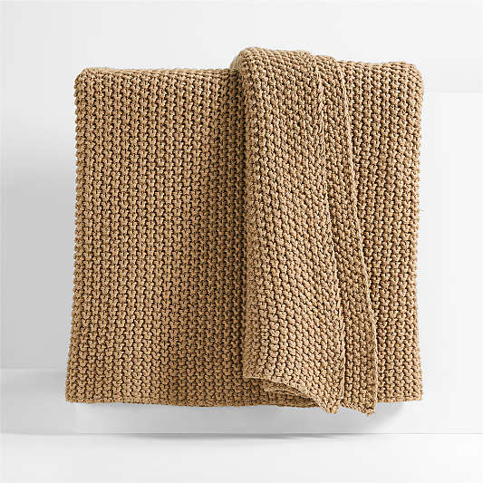 Organic Cotton 80"x80" Camel Brown Chunky Hand-Knit Bed Throw Blanket