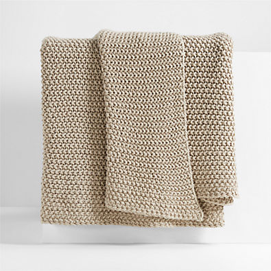 View Organic Cotton 80"x80" Sand Beige Chunky Hand-Knit Bed Throw Blanket details