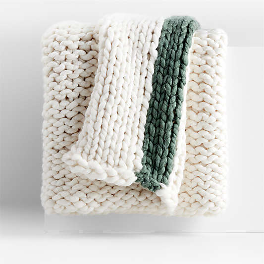 Ivory Chunky Knit Christmas Throw Blanket with Green Stripe 70"x55"