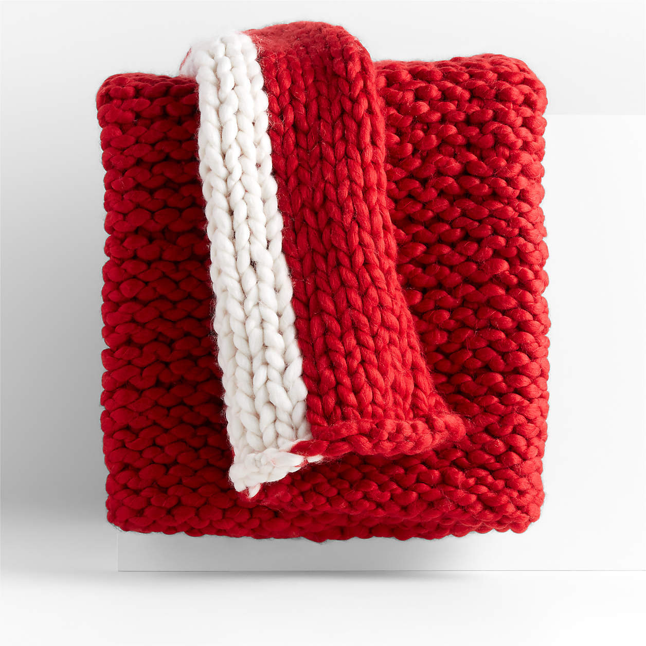 Red Chunky Knit Christmas Throw Blanket with Ivory Stripe 70"x55