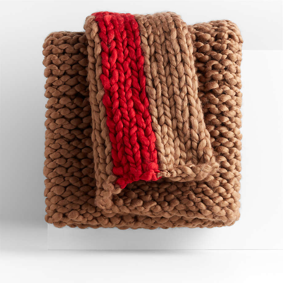 Caramel 70"x55" Chunky Knit Throw Blanket with Red Stripe Crate