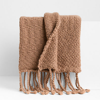 View Chunky Wool Fringe Knit 70"x55" Camel Tan Throw Blanket details