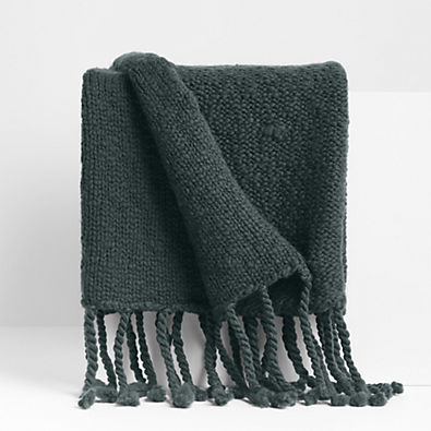 View Chunky Wool Fringe Knit 70"x55" Spruce Green Throw Blanket details