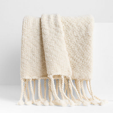 View Chunky Wool Fringe Knit 70"x55" Travertine Beige Throw Blanket details