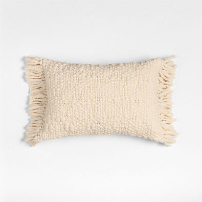 View Chunky Woven Wool Fringe 22"x15" Arctic Ivory Throw Pillow with Down-Alternative Insert details