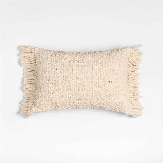 Chunky Woven Wool Fringe 22"x15" Arctic Ivory Throw Pillow with Down-Alternative Insert