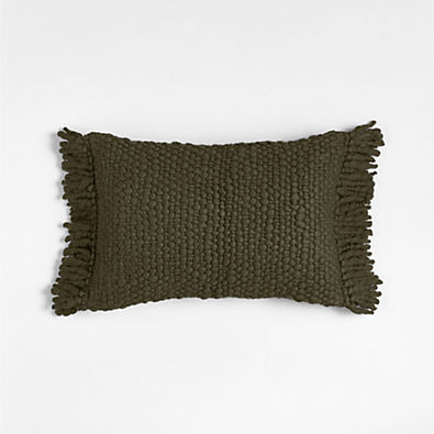 View Chunky Woven Wool Fringe 22"x15" Burnt Green Throw Pillow with Feather Insert details