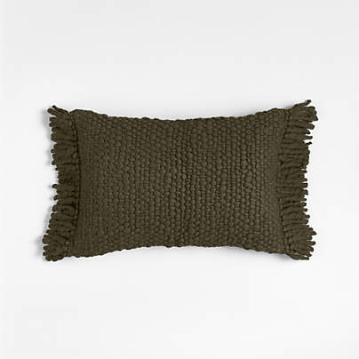 Chunky Woven Wool Fringe 22"x15" Burnt Green Throw Pillow with Feather Insert
