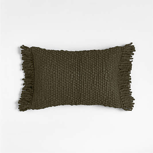 Chunky Woven Wool Fringe 22"x15" Burnt Green Throw Pillow
