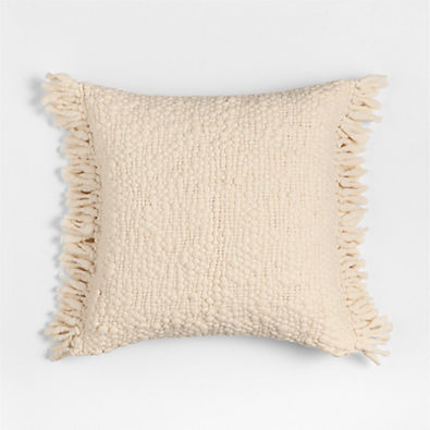 View Chunky Woven Wool Fringe 23"x23" Arctic Ivory Throw Pillow with Feather Insert details