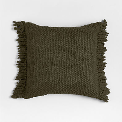 View Chunky Woven Wool Fringe 23"x23" Burnt Green Throw Pillow with Feather Insert details