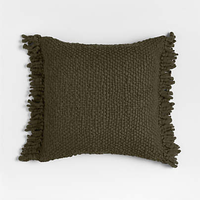 Chunky Woven Wool Fringe 23"x23" Burnt Green Throw Pillow with Feather Insert