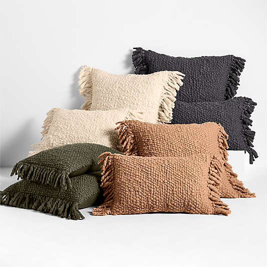 Chunky Woven Wool Fringe 22"x15" Sierra Tan Throw Pillow with Feather Insert
