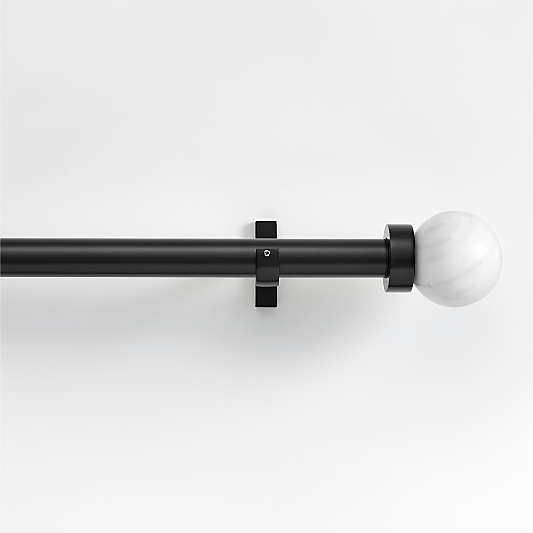 Black 1" Curtain Rod and Large Marble Round End Cap Finials Set 48"-88"