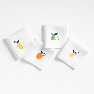 View Citrus Embroidered EUROPEAN FLAX ™-Certified Linen Cocktail Napkins, Set of 4 details