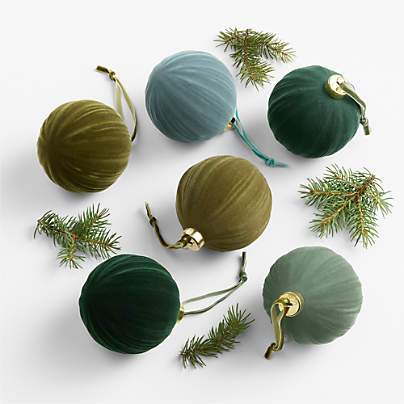 Cool Toned Ribbed Velvet Christmas Tree Ornaments, Boxed Set of 6