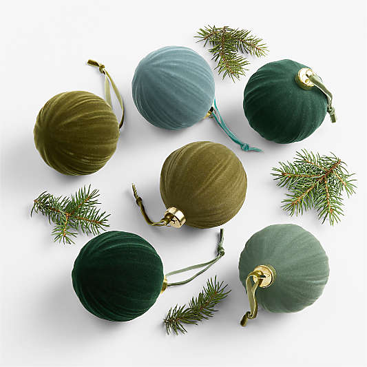 Cool Toned Ribbed Velvet Christmas Tree Ornaments, Boxed Set of 6