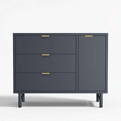 View Classic 44"  Deep Navy Blue Wood 3-Drawer Kids Dresser with Door details