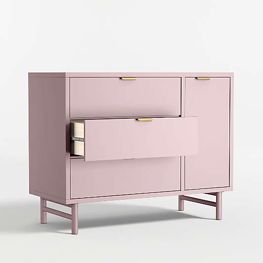 Classic 44" Lilac Rose Wood 3-Drawer Kids Dresser with Door