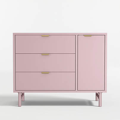Classic 44" Lilac Rose Wood 3-Drawer Kids Dresser with Door