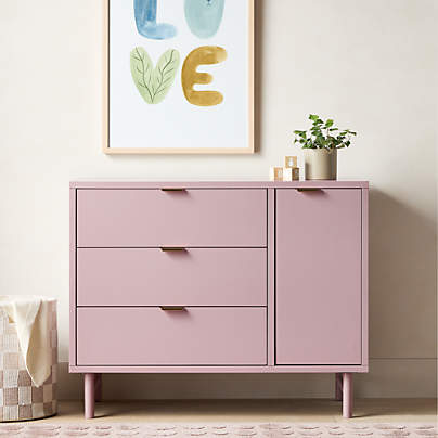 Classic 44" Lilac Rose Wood 3-Drawer Kids Dresser with Door