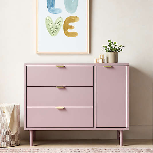 Classic 44" Lilac Rose Wood 3-Drawer Kids Dresser with Door