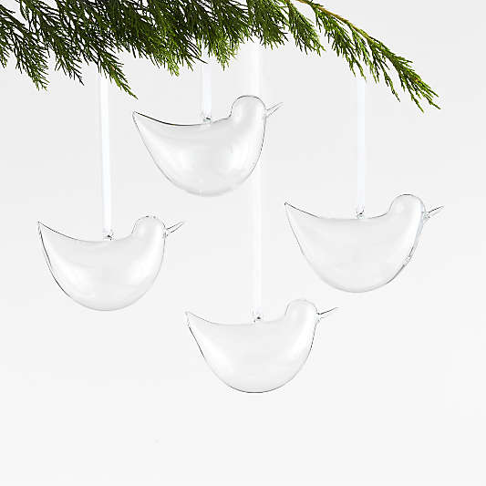 Large Clear Glass Bird Christmas Tree Ornaments, Set of 4