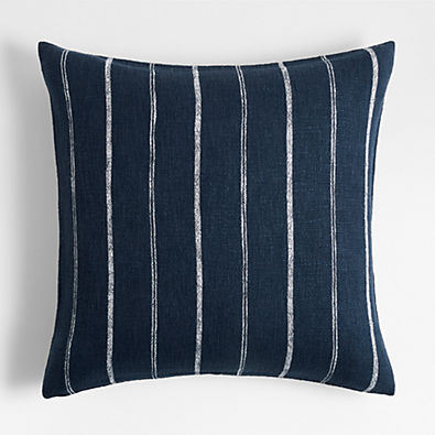 View Cliff 23"x23" Blue Pinstripe Linen Throw Pillow with Feather Insert details