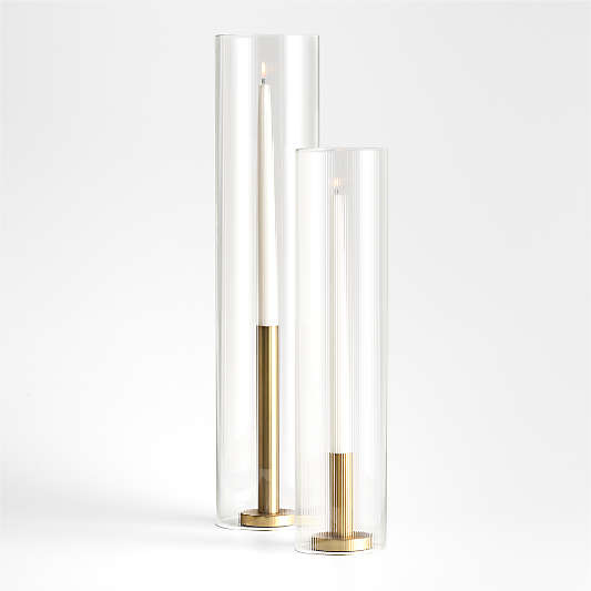 Orion Large Brass Finish Taper Candle Holder with Tall Fluted Glass Candle Holder Sleeve