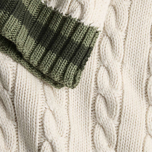 Classic Cable Knit Wool Blend Stripe 70"x55" Arctic Ivory and Olive Green Throw Blanket by Venus Williams