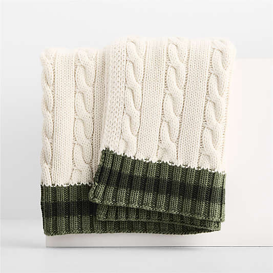 Classic Cable Knit Wool Blend Stripe 70"x55" Arctic Ivory and Olive Green Throw Blanket by Venus Williams
