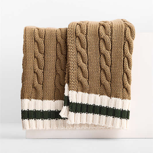 Classic Cable Knit Wool Blend 70"x55" Camel Tan and Arctic Ivory Throw Blanket by Venus Williams