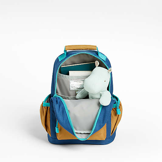 Navy and Ochre Colorblock Small Kids Backpack with Side Pockets