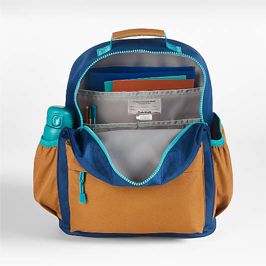 Navy and Ocher Colorblock Large Kids Backpack with Side Pockets