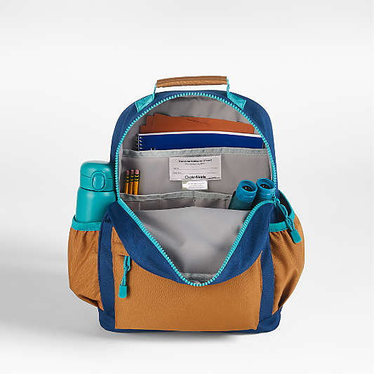 Navy and Ochre Colorblock Medium Kids Backpack with Side Pockets