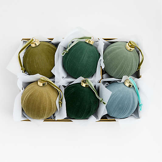 Cool Toned Ribbed Velvet Christmas Tree Ornaments, Boxed Set of 6