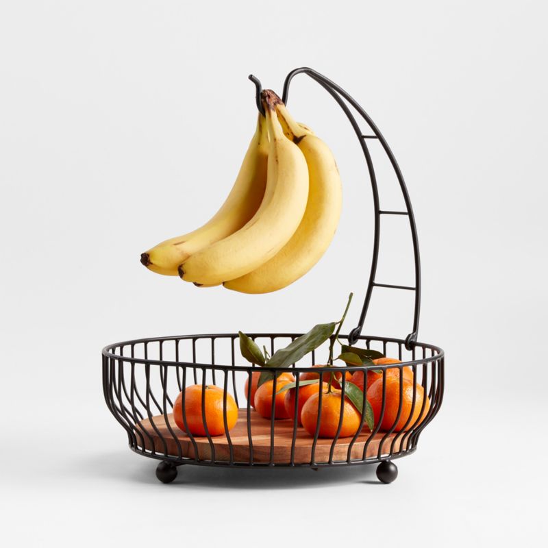 Cora Black Acacia Wood Fruit Basket with Banana Hanger | Crate & Barrel